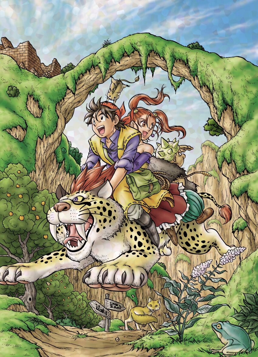 1girl 2boys :d bag bare_shoulders black_eyes blue_eyes blue_shirt blue_sky boots brown_boots brown_eyes brown_hair coat colored_sclera commentary_request day dragon_quest dragon_quest_viii earrings floating_hair flower_request fox frog fur_vest grass great_sabrecat green_bag green_pants grey_pants hair_pulled_back hair_tubes hero_(dq8) highres jessica_albert jewelry leaf looking_ahead looking_back metal_hair_tubes mouse_(animal) multiple_boys munchie_(dq8) murakami_yumiko off_shoulder open_mouth orange_hair outdoors pants purple_shirt red_fur red_skirt riding ruins sharp_teeth shirt shoulder_bag skirt sky sleeveless sleeveless_coat sleeves_rolled_up smile sphere_earrings spiked_hair spiked_hat spotted_fur teeth tongue toriyama_akira_(style) tree twintails whip white_fur yangus yellow_coat yellow_fur yellow_sclera