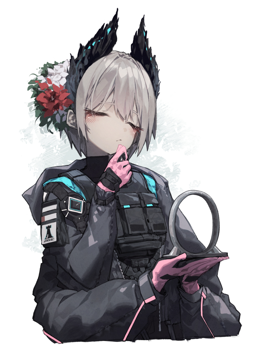 1girl absurdres arknights beudelb black_feathers black_jacket black_shirt closed_eyes closed_mouth commission extra_arms eyelashes feathers flower gloves grey_hair hair_flower hair_ornament hand_up highres jacket long_sleeves open_clothes open_jacket pink_gloves pixiv_commission pouch raidian_(arknights) rhodes_island_logo_(arknights) shirt short_hair sidelocks simple_background solo stargate_(series) stargate_sg-1 turtleneck turtleneck_shirt upper_body white_background