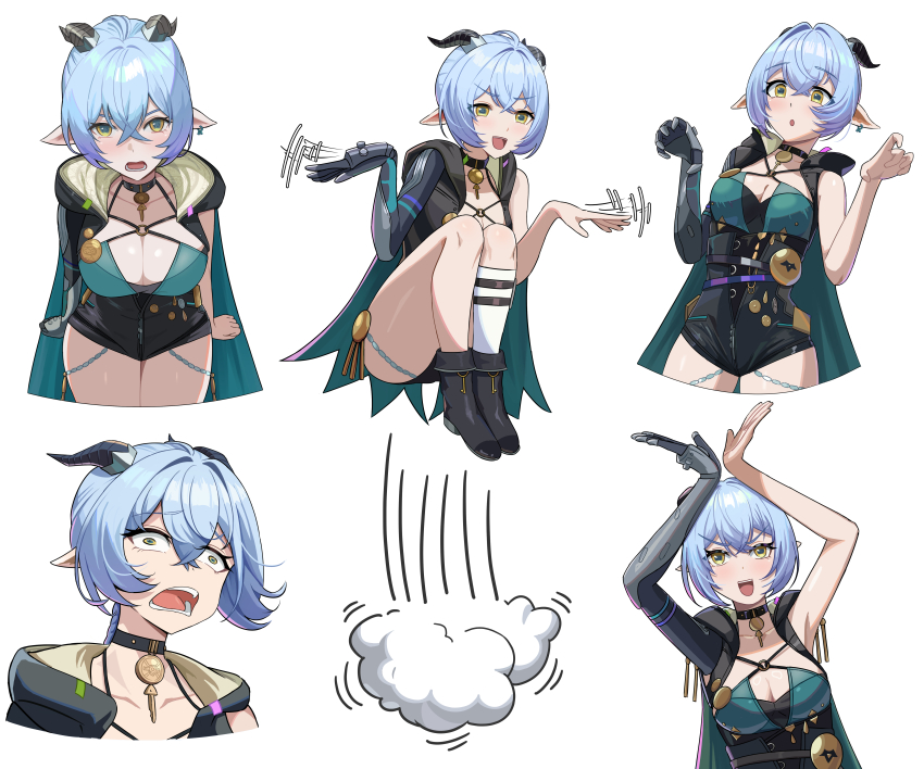 1girl :d :o absurdres aqua_eyes arms_up bare_shoulders black_boots black_collar black_horns black_shorts blue_hair blush boots breasts cape cleavage collar collarbone commentary cowboy_shot earrings flapping goat_girl goat_horns hair_between_eyes high-waist_shorts highres hood hood_down hooded_cape horns jewelry jumping junmin looking_at_viewer lucia_elowen mechanical_arms medium_breasts multicolored_eyes multiple_views open_mouth pointy_ears portrait short_hair shorts sidelocks simple_background single_mechanical_arm single_sock smile socks thighs two-tone_eyes upper_body v-shaped_eyebrows white_background wide-eyed yellow_eyes zenless_zone_zero