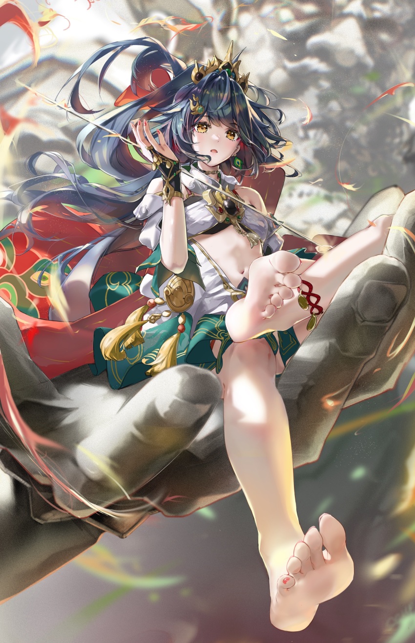 1girl absurdres bare_shoulders barefoot black_gloves black_hair blurry blurry_background breasts bridal_gauntlets detached_sleeves feather_hair_ornament feathers feet gloves hair_ornament highres honkai:_star_rail honkai_(series) looking_at_viewer nail_polish navel open_mouth red_nails revision scup sitting small_breasts soles solo toenail_polish toenails toes yellow_eyes yunli_(honkai:_star_rail)