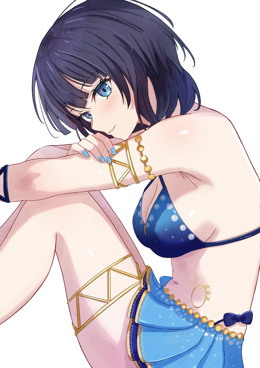 1girl absurdres armlet asaka_karin beniyomogi blue_eyes blue_hair blue_nails blue_skirt breasts cleavage commentary highres jewelry large_breasts looking_at_viewer love_live! love_live!_nijigasaki_high_school_idol_club medium_hair nail_polish navel open_mouth pleated_skirt simple_background skirt solo stomach thigh_strap white_background