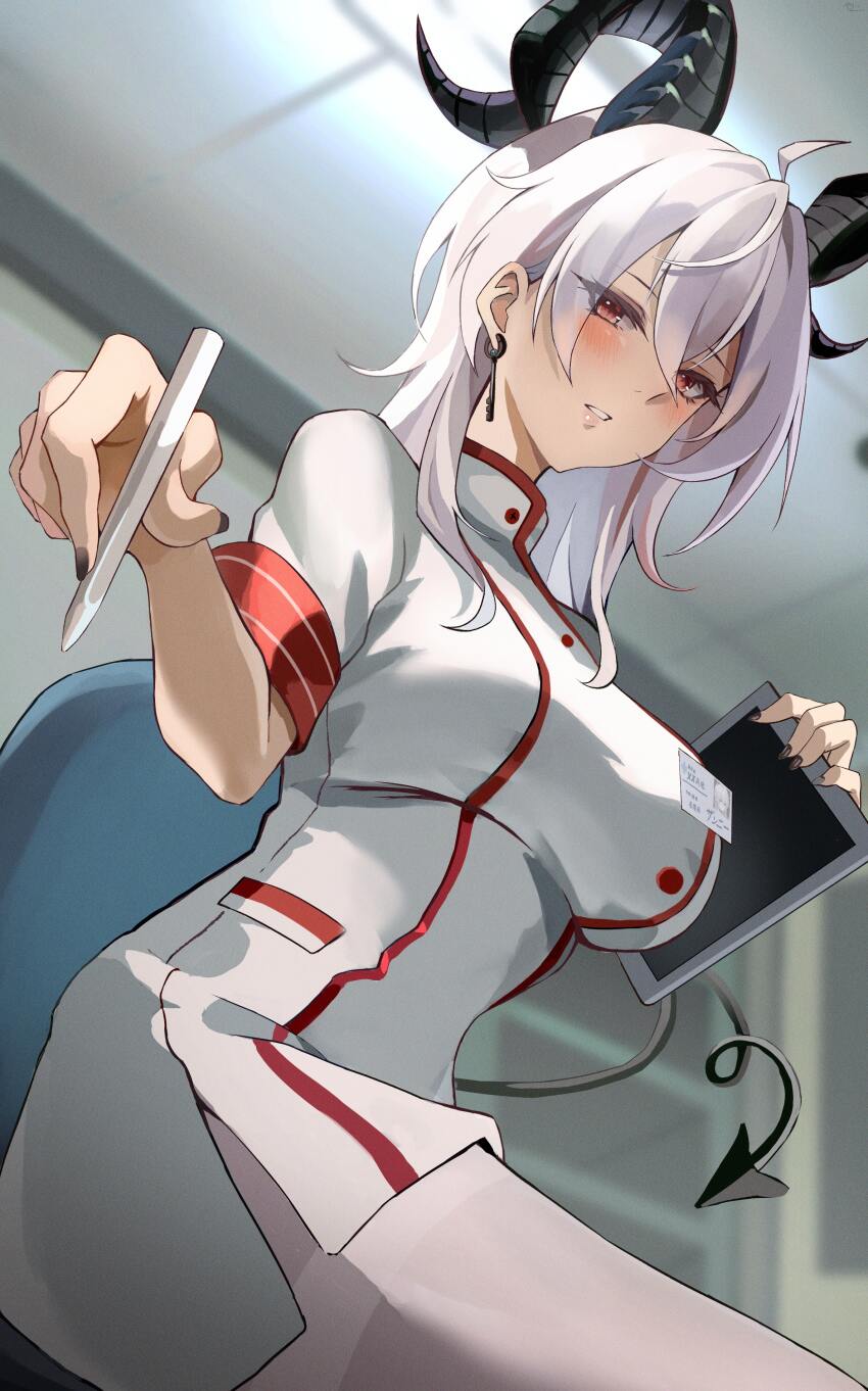 1girl absurdres ahoge black_horns black_nails blush breasts buttons commentary_request curled_horns double-breasted dress earrings fingernails highres holding holding_pen holding_tablet_pc horns indoors jewelry key_earrings large_breasts looking_at_viewer medium_hair nail_polish pantyhose parted_lips pen red_eyes solo tablet_pc white_dress white_pantyhose wuthering_waves yato_(yama0x1) zani_(wuthering_waves)