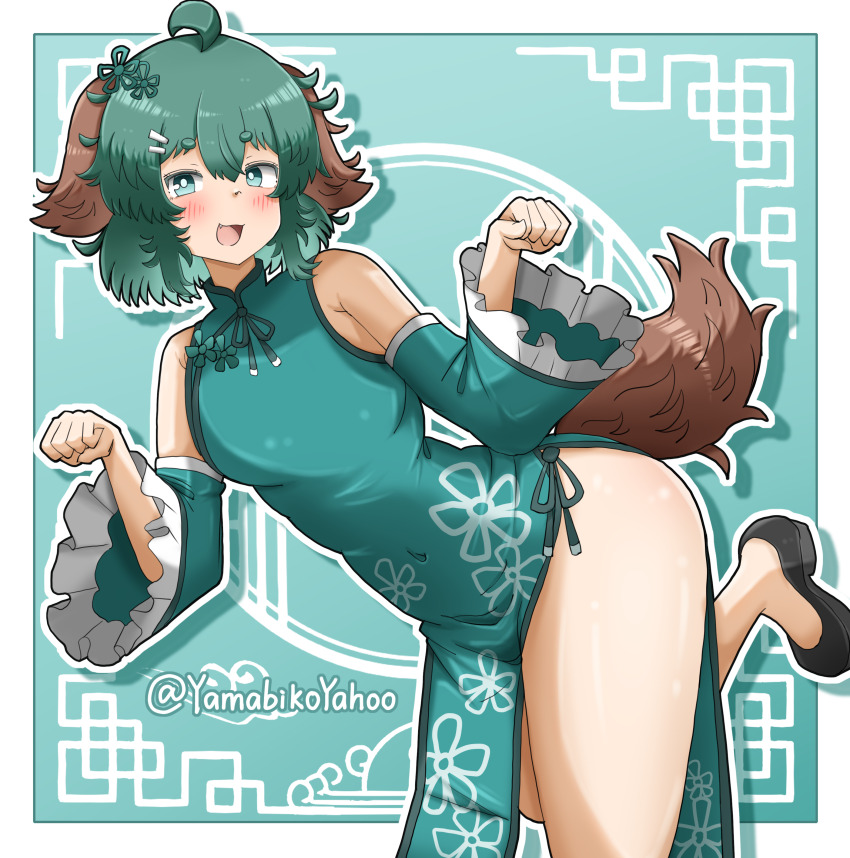 1girl :d absurdres ahoge alternate_costume animal_ears black_shoes blush bright_pupils china_dress chinese_clothes commentary detached_sleeves dog_ears dog_girl dog_tail dress fang floral_print flower green_background green_dress green_eyes green_hair hair_flower hair_ornament highres kasodani_kyouko leg_up looking_at_viewer open_mouth outline paw_pose shoes short_eyebrows short_hair smile solo symbol-only_commentary tail thighs touhou twitter_username white_outline white_pupils yamabikoyahoo