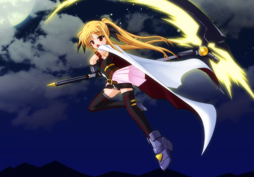1girl armor bardiche_(nanoha) bardiche_(scythe_form)_(nanoha) belt black_thighhighs blonde_hair buckle cape cloud fate_testarossa fate_testarossa_(blaze_form) female_focus hair_ribbon kamisiro lyrical_nanoha mahou_shoujo_lyrical_nanoha mahou_shoujo_lyrical_nanoha_a&#039;s mahou_shoujo_lyrical_nanoha_the_movie_2nd_a&#039;s moon open_mouth red_eyes ribbon sanagi_(kamisiro) scythe skirt solo thighhighs twintails