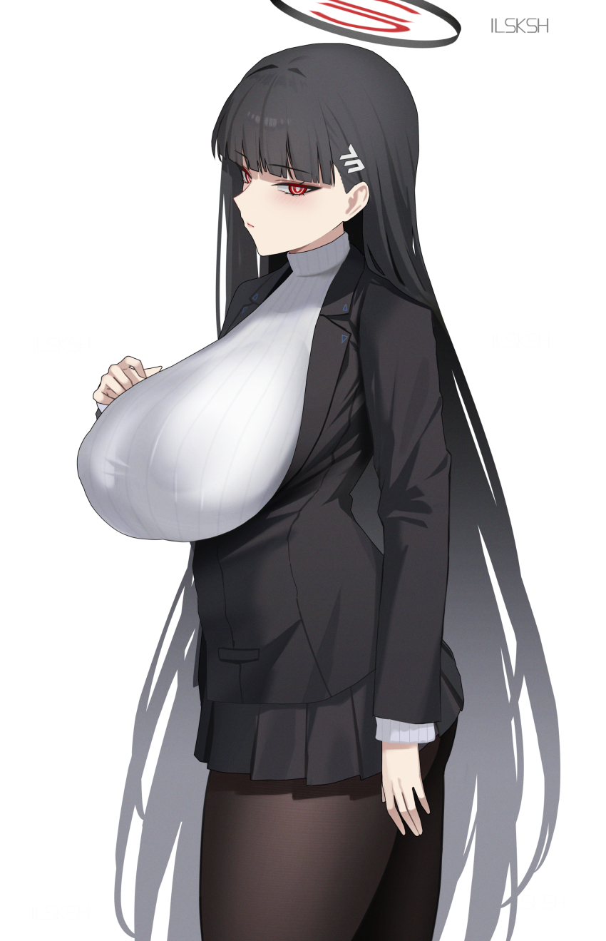 1girl absurdres black_hair black_jacket black_skirt black_suit blue_archive blush breasts brown_pantyhose commentary duplicate formal_clothes hair_ornament hairclip halo highres huge_breasts ilsksh jacket long_hair long_sleeves looking_at_viewer miniskirt pantyhose pixel-perfect_duplicate pleated_skirt red_eyes rio_(blue_archive) simple_background skirt solo suit sweater thighs turtleneck turtleneck_sweater very_long_hair white_background white_sweater