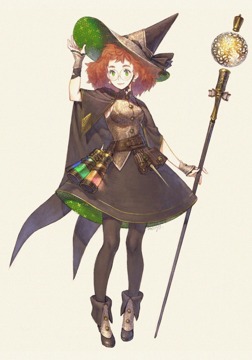 1girl arm_up artist_name cape dress earrings full_body hand_on_headwear hat highres holding holding_staff jewelry medium_hair moryo orange_hair original round_eyewear shoes simple_background solo staff standing tan_background witch witch_hat