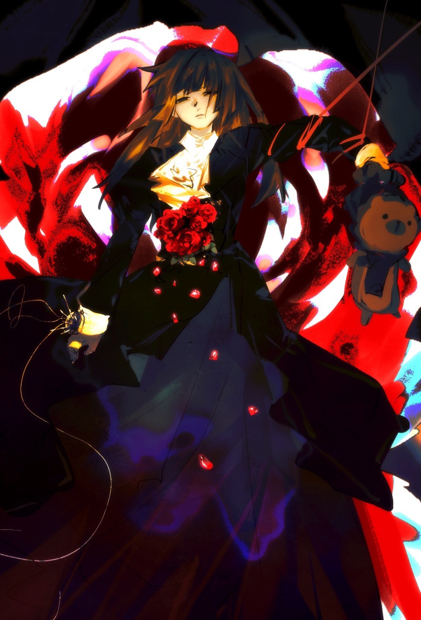 1girl ascot black_eyes black_jacket black_skirt blunt_bangs bouquet brown_hair empty_eyes feet_out_of_frame floating_clothes floating_hair flower half-closed_eyes head_tilt highres holding holding_stuffed_toy jacket long_hair parted_lips red_flower red_rose rose skirt solo straight-on stuffed_animal stuffed_toy umineko_no_naku_koro_ni ushiromiya_rosa white_ascot xinjinjumin700743483083
