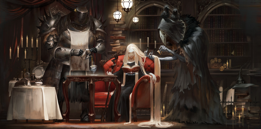 1boy 1girl 1other absurdly_long_hair absurdres animal animal_on_head apron armor bird black_headwear black_nails black_robe blonde_hair book book_stack bookshelf bottle breastplate brushing_hair candelabra candle candlestand chainmail cloak comb crack cracked_mask crow cup fingernails fire floating floating_book floating_object full_armor fur_trim grey_cloak grey_eyes half-closed_eyes hat hat_belt helmet highres holding holding_comb holding_own_hair hood hood_up hooded_cloak indoors jar knight long_fingernails long_hair magic mask mirror monster nail_polish on_head open_book open_mouth original paper pauldrons plate pouring reading reflection robe rolled_up_paper scratches scroll shoulder_armor sitting spiked_pauldrons spikes staff standing table tea teacup teeth tmt torn torn_cloak torn_clothes tray vambraces very_long_fingernails very_long_hair witch witch_hat