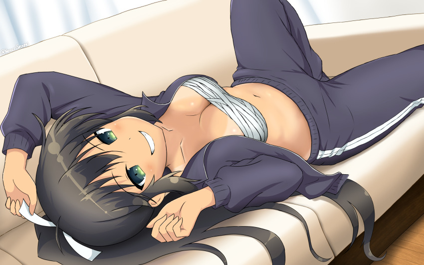 1girl ahoge breasts chest_sarashi couch dark-skinned_female dark_skin green_eyes highres homura_(senran_kagura) long_hair looking_at_viewer midriff_sarashi n-senpai ponytail ribbon sarashi senran_kagura senran_kagura_burst senran_kagura_burst_re:newal senran_kagura_estival_versus senran_kagura_new_link senran_kagura_shinovi_versus track_suit