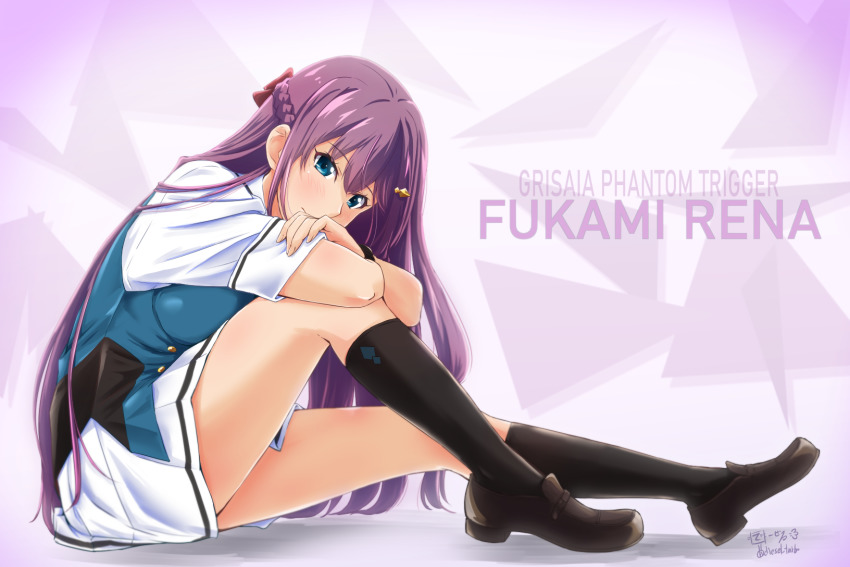 1girl artist_name blue_eyes braid brown_shoes character_name commentary_request copyright_name diesel-turbo french_braid fukami_rena full_body grisaia_(series) grisaia_phantom_trigger hair_ornament hairclip highres kneehighs legs long_hair looking_at_viewer purple_background purple_hair shoes short_sleeves sitting skirt socks solo white_skirt
