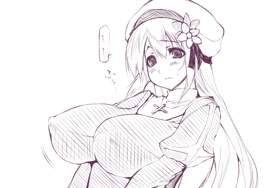 ... 1girl blush breasts closed_mouth commentary_request covered_erect_nipples dress flower hat hat_flower highres juliet_sleeves large_breasts long_hair long_sleeves looking_at_viewer monochrome oohira_sunset priest_(ragnarok_online) puffy_sleeves ragnarok_online simple_background solo spoken_ellipsis tam_(ragnarok_online) upper_body variant_set
