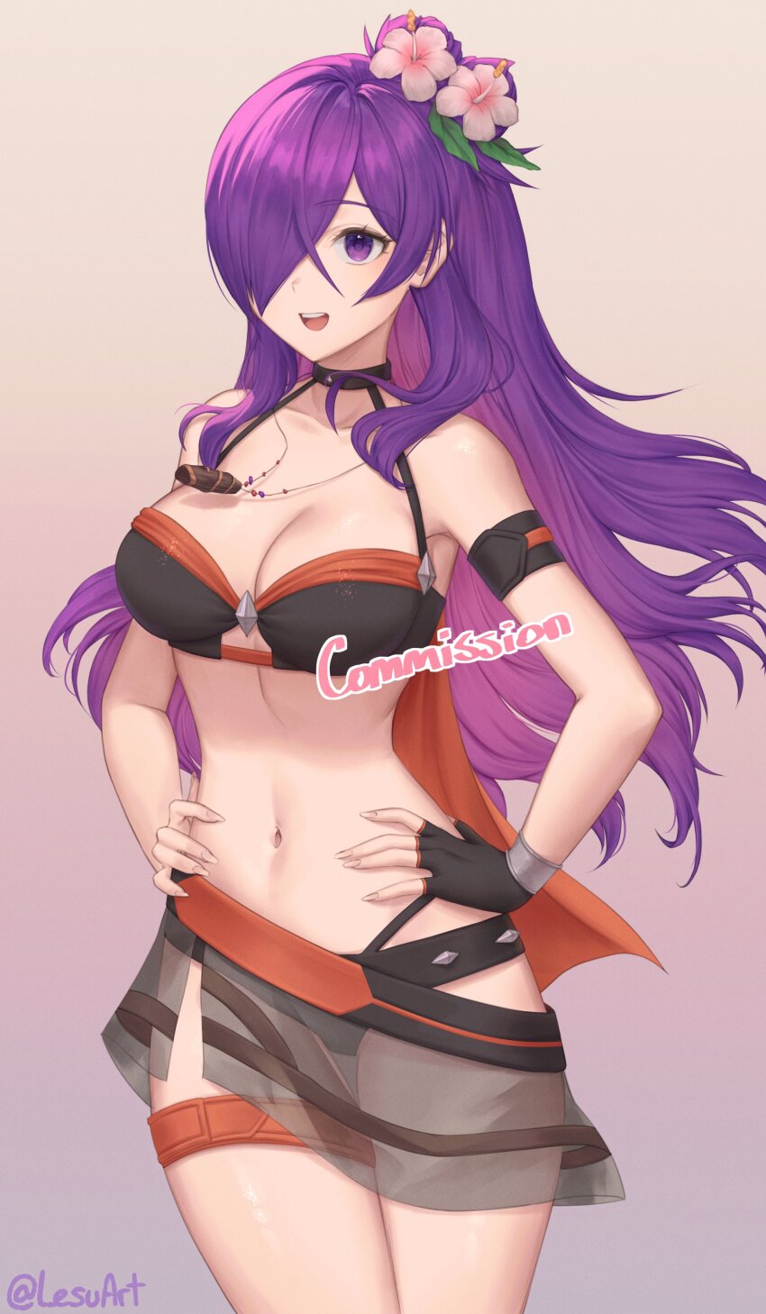 1girl absurdres bikini black_bikini breasts capelet cleavage commission female_shez_(fire_emblem) female_shez_(summer)_(fire_emblem) fingerless_gloves fire_emblem fire_emblem:_three_houses fire_emblem_heroes fire_emblem_warriors:_three_hopes gloves hands_on_own_hips highres large_breasts lesu navel nintendo official_alternate_costume open_mouth orange_capelet purple_eyes purple_hair see-through_clothes see-through_skirt skirt smile solo swimsuit thigh_strap