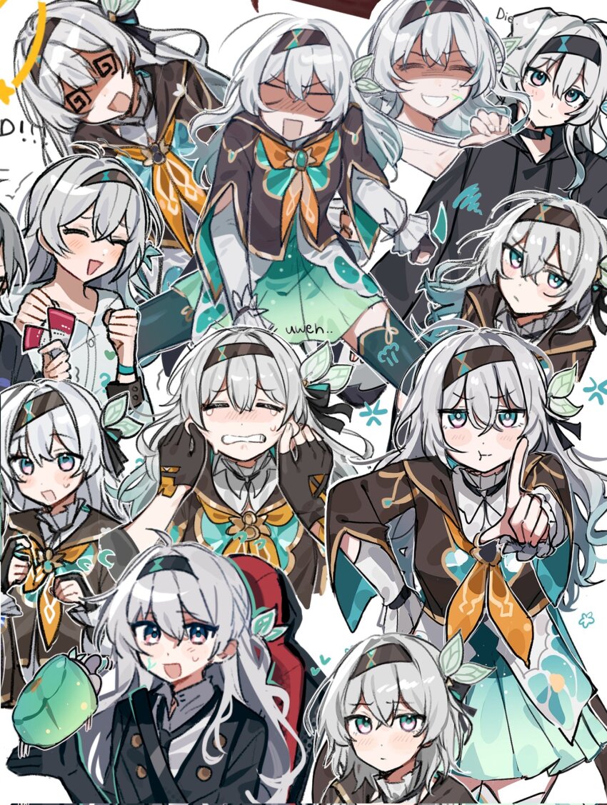 1girl :d :t @_@ ^_^ alternate_costume alternate_hair_length alternate_hairstyle anger_vein black_choker black_gloves black_hairband black_hoodie black_jacket black_necktie blank_eyes blue_eyes blue_hair blush bracelet caelus_(honkai:_star_rail) casual cheek_pull choker clenched_teeth closed_eyes closed_mouth collared_shirt commentary corrupted_twitter_file critter_pick_(honkai:_star_rail) crying dizzy drawstring emne english_commentary english_text fingerless_gloves firefly_(honkai:_star_rail) flying_sweatdrops frilled_sleeves frills gloves gradient_hair green_skirt green_thighhighs grey_hair grin hair_between_eyes hair_intakes hairband headband heart highres holding holding_ticket honkai:_star_rail honkai_(series) hood hood_down hoodie jacket jewelry long_hair long_sleeves looking_at_viewer multicolored_eyes multicolored_hair multiple_views neckerchief necktie official_alternate_costume open_mouth orange_neckerchief pink_eyes pointing pointing_at_viewer pout puff_of_air shaded_face shirt short_hair sidelocks simple_background skirt slit_throat_(gesture) smile spiral-only_eyes squiggle stelle_(honkai:_star_rail) surprised sweat teeth thighhighs ticket trailblazer_(honkai:_star_rail) trembling two-tone_eyes white_background white_shirt wing_collar