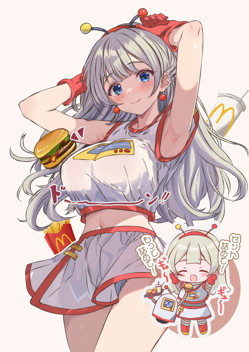 1girl armpits arms_up bare_shoulders blue_eyes blush breasts chibi commentary_request cutlass_(classic_chocolate) earrings gloves grey_hair highres jewelry large_breasts long_hair looking_at_viewer mcdonald&#039;s midriff navel red_gloves set500_(mcdonald&#039;s) shirt simple_background skirt sleeveless sleeveless_shirt smile translation_request white_background white_shirt white_skirt