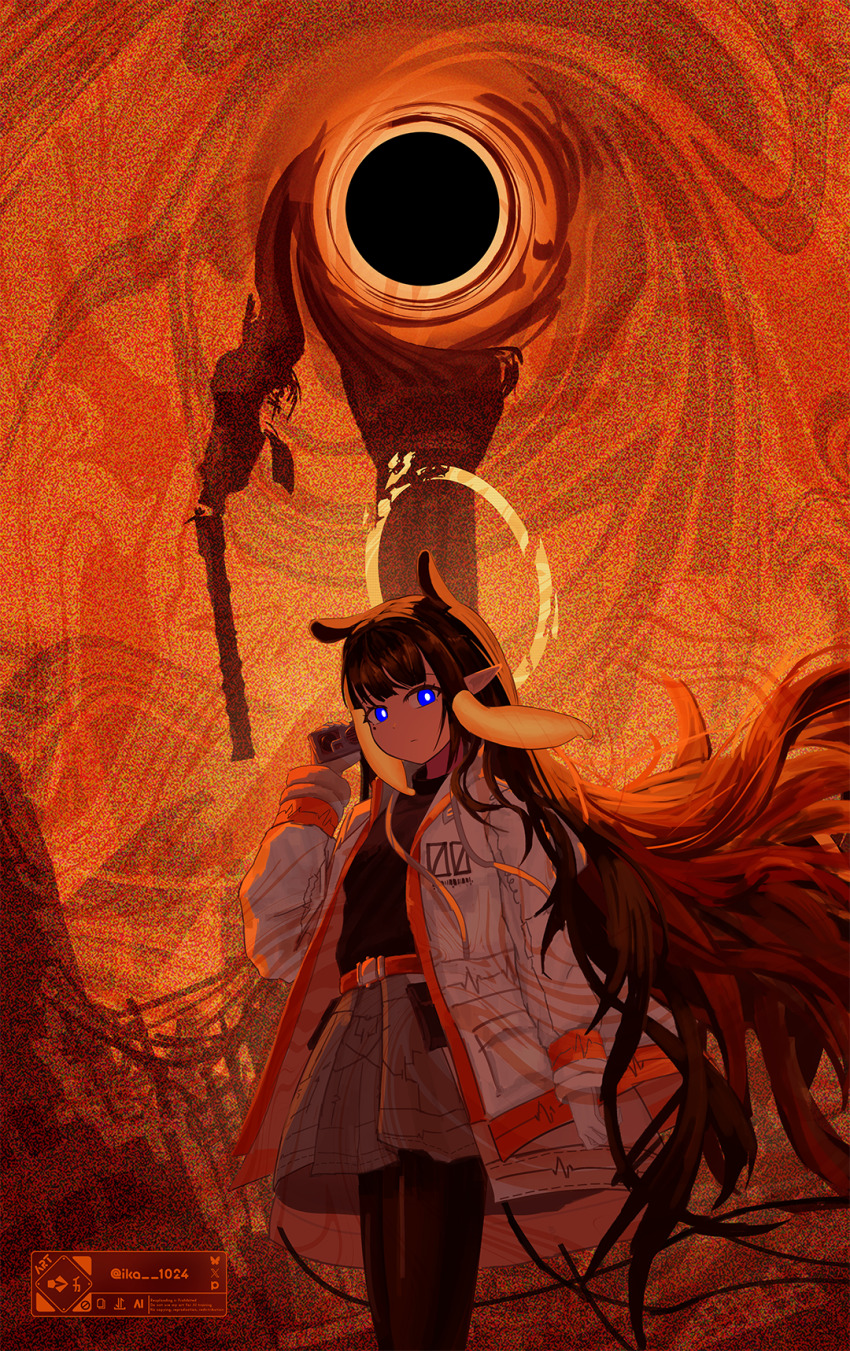 1girl absurdly_long_hair alternate_costume backlighting belt black_hair black_hole black_pantyhose black_shirt blue_eyes blunt_bangs bright_pupils broken_halo cardiogram_print cowboy_shot floating_hair glowing glowing_eyes grey_skirt halo highres hololive hololive_english ika--1024 jacket long_hair ninomae_ina&#039;nis orange_background orange_hair pantyhose pointy_ears shirt skirt solo tentacle_hair very_long_hair virtual_youtuber white_jacket