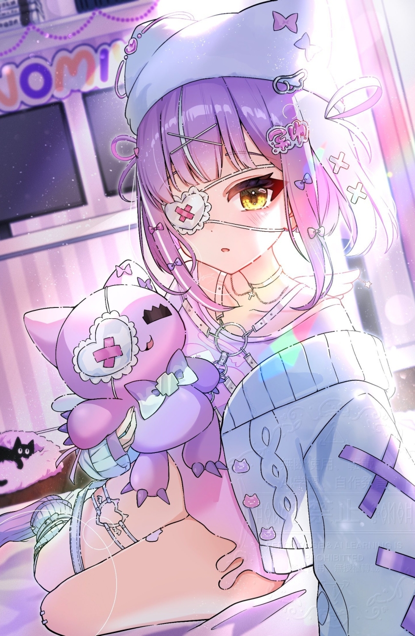 1girl animal_hat blush cardigan cat cat_hat chest_harness eyepatch hair_ornament hana_s harness hat highres indoors looking_at_viewer medical_eyepatch open_mouth purple_hair purple_shirt shinomiya_runa shinomiya_runa_(4th_costume) shirt solo stuffed_animal stuffed_toy t-shirt thigh_strap virtual_youtuber vspo! watermark white_cardigan white_hat yellow_eyes
