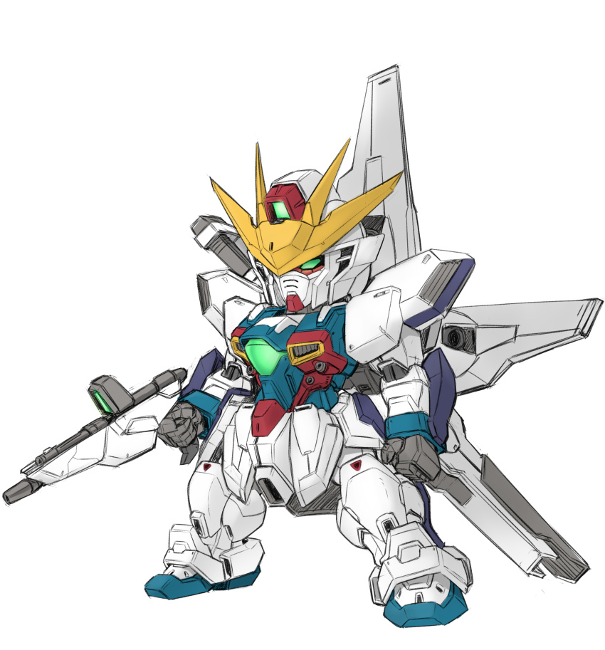 after_war_gundam_x beam_rifle chibi clenched_hands energy_gun green_eyes gun gundam gundam_x highres holding holding_gun holding_weapon kubotami looking_down mecha no_humans robot satellite_cannon weapon white_background