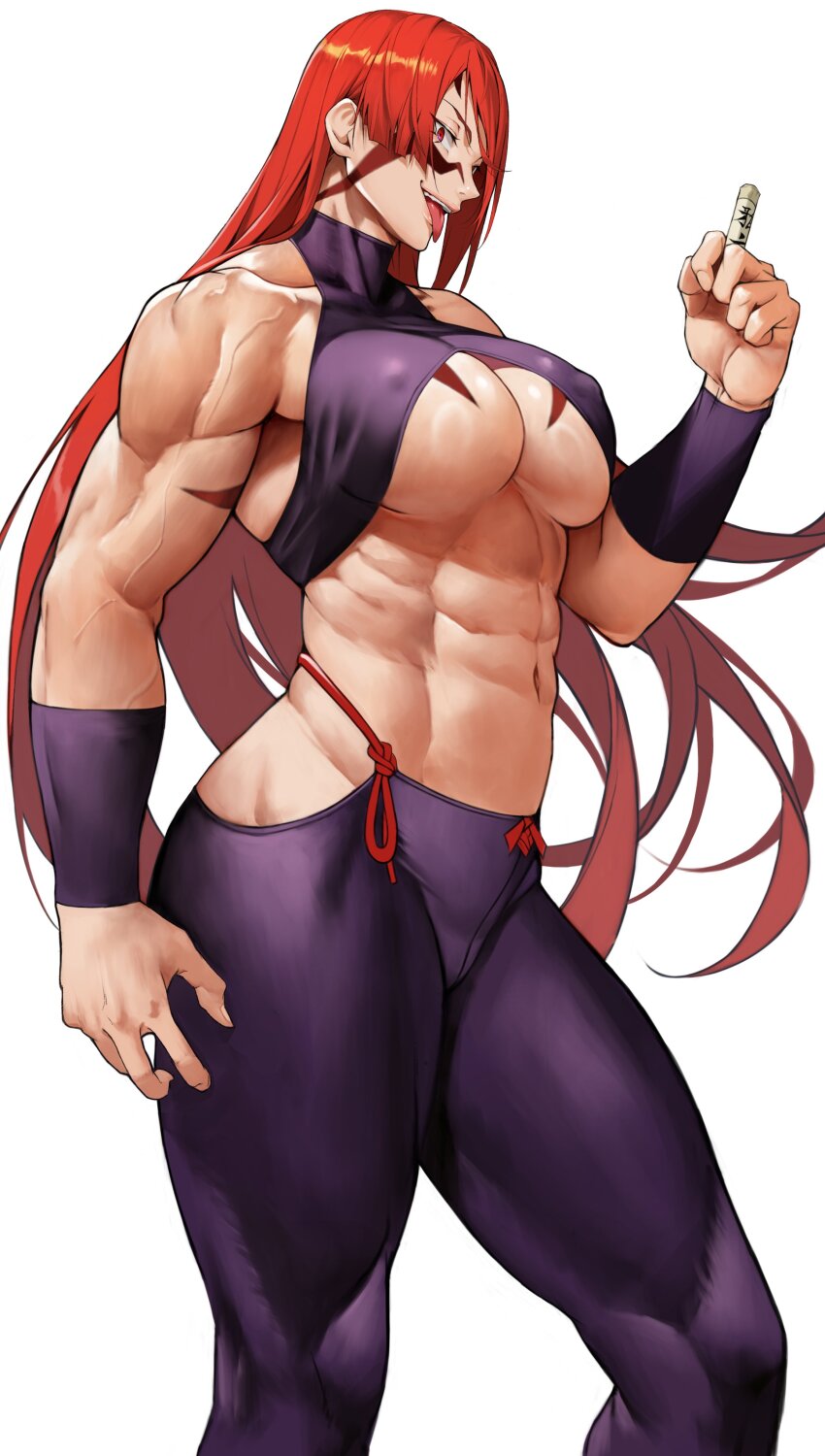 1girl abs absurdres bare_shoulders biceps black_pants body_markings breasts collarbone facepaint fuuma_kotarou_(tenkaichi) halterneck highres large_breasts long_hair looking_at_viewer multicolored_hair muscular muscular_female navel open_mouth pants red_eyes red_hair revealing_clothes simple_background smile solo tattoo tenkaichi_nihon_saikyou_bugeisha_ketteisen thick_thighs thighs tongue tongue_out underboob white_background wristband yoshio_(55level)