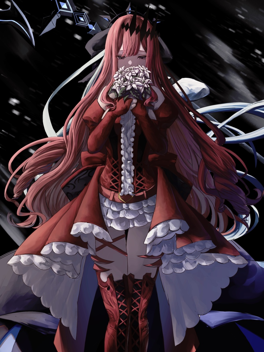 1girl absurdres baobhan_sith_(fate) baobhan_sith_(first_ascension)_(fate) black_background boots breasts detached_sleeves dress fate/grand_order fate_(series) flower frilled_dress frills gradient_background grey_eyes hair_ornament hands_up highres holding holding_flower long_hair long_sleeves looking_down medium_breasts pink_hair red_boots red_dress sidelocks small_breasts solo thigh_boots white_flower yagi_(yagi5art)