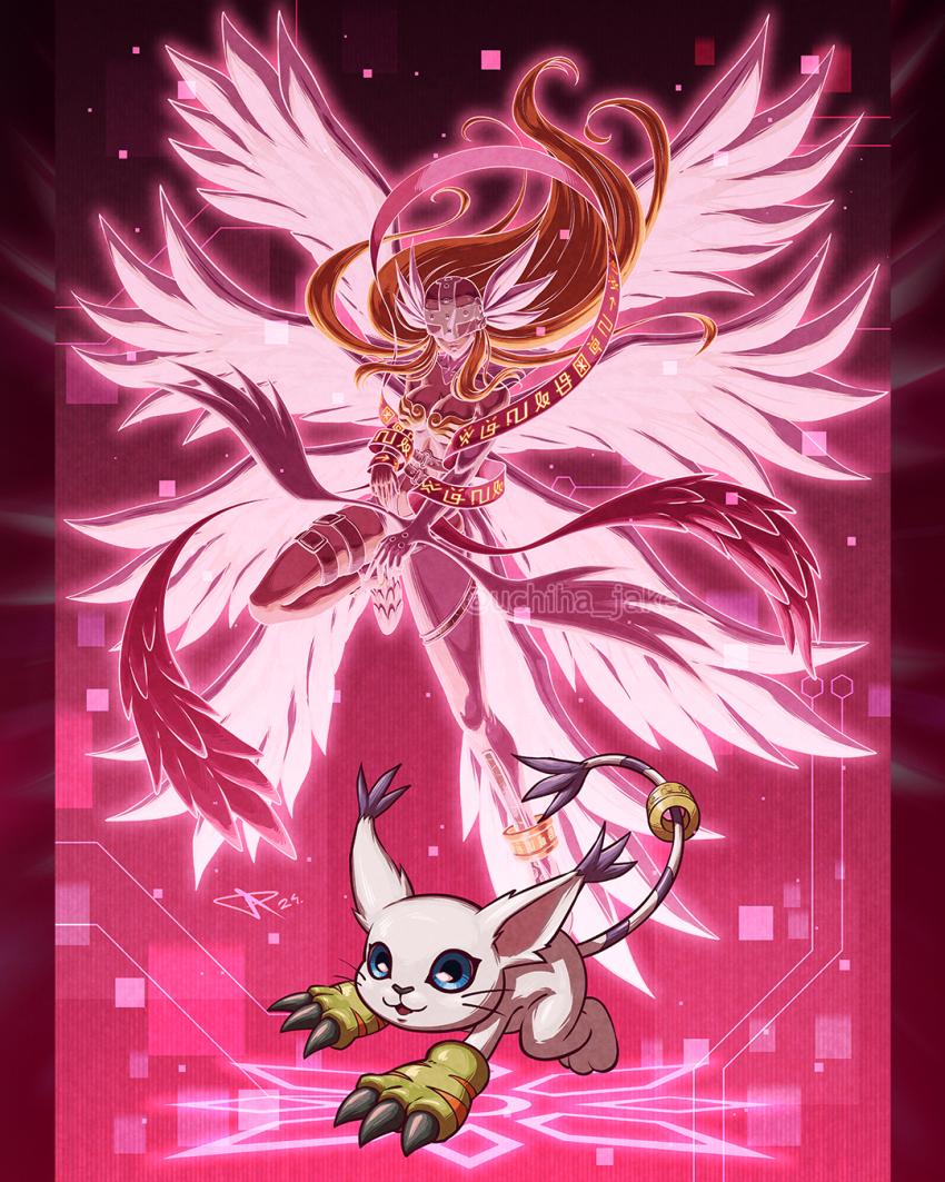1girl angel angewomon animal_hands blonde_hair blue_eyes body_fur bodysuit breasts cat cleavage covered_eyes digimon digimon_(creature) digimon_adventure evolutionary_line full_body gloves helmet helmet_over_eyes highres large_breasts long_hair paw_gloves tail tail_ornament tail_ring tailmon uchiha_jake whiskers white_bodysuit white_fur winged_helmet