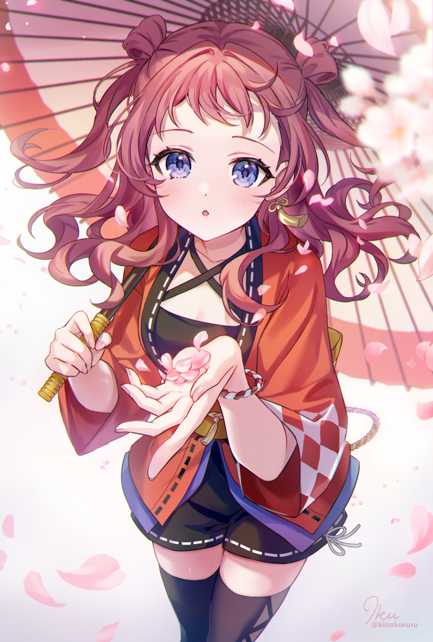 1girl :o black_shorts black_thighhighs blurry blush brown_hair cherry_blossoms commentary depth_of_field falling_petals gakuen_idolmaster hanami_saki highres holding holding_umbrella idolmaster iku2727 kamurogiku_(idolmaster) long_hair looking_at_viewer oil-paper_umbrella petals purple_eyes red_happi sash shorts solo thighhighs two_side_up umbrella yellow_sash