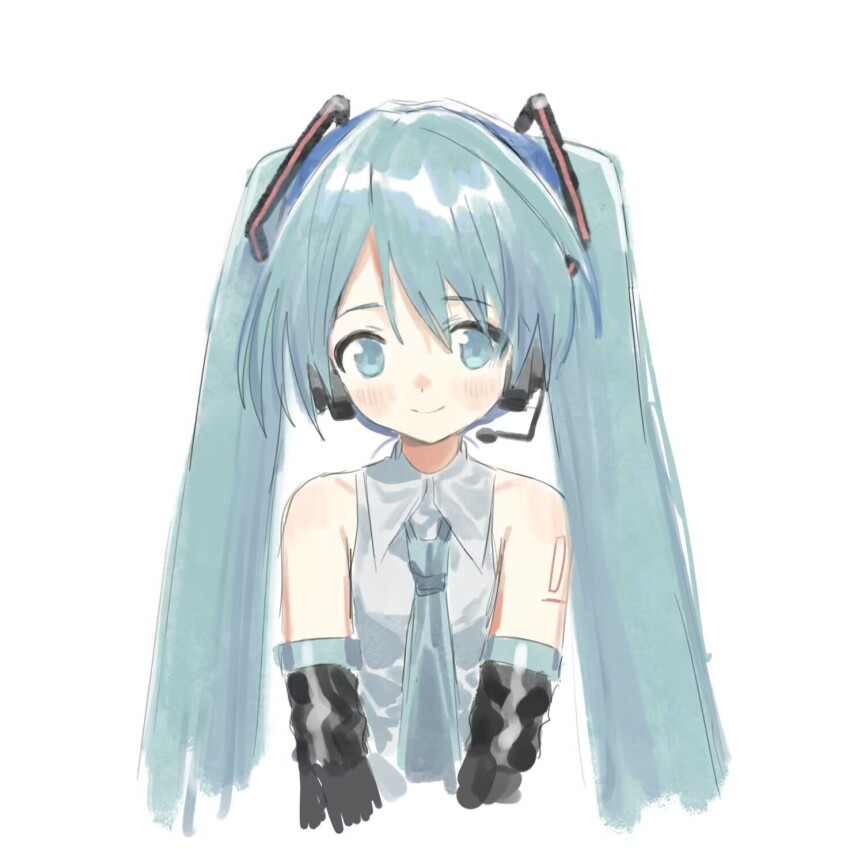 1984_(cw1000110) 1girl aqua_eyes aqua_hair aqua_necktie bare_shoulders commentary detached_sleeves hatsune_miku headset highres long_hair looking_at_viewer necktie number_tattoo shirt shoulder_tattoo simple_background sleeveless sleeveless_shirt smile solo tattoo twintails upper_body vocaloid white_background white_shirt
