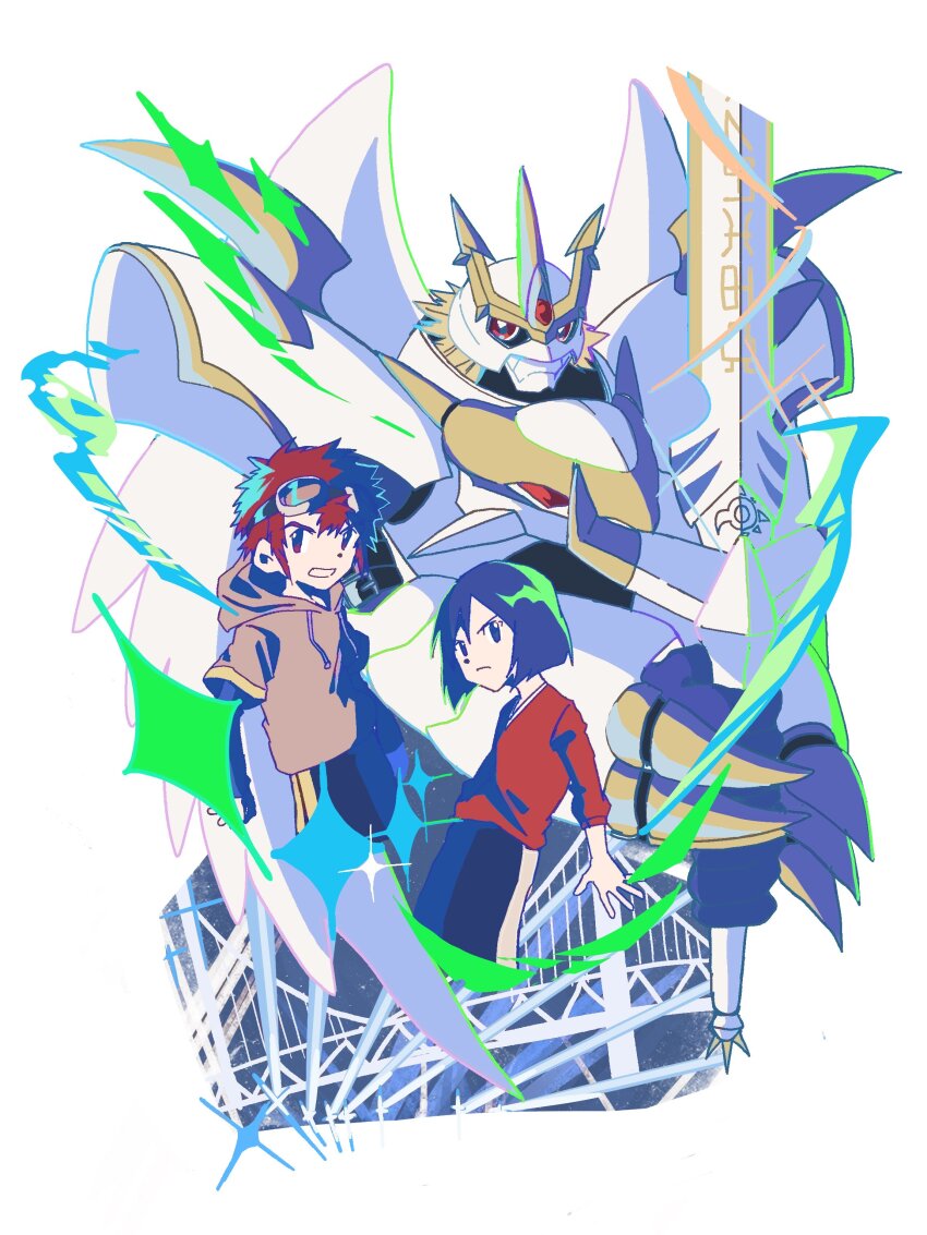 3boys absurdres armor black_eyes black_hair brown_eyes brown_hair brown_hoodie commentary_request cowboy_shot digimon digimon_(creature) digimon_adventure_02 digimon_adventure_02:_diablomon_no_gyakushu dragon goggles goggles_on_head group_picture helmet highres holding holding_sword holding_weapon hood hoodie ichijouji_ken imperialdramon imperialdramon_paladin_mode male_focus megane_mochi motomiya_daisuke multiple_boys red_shirt shirt simple_background sword weapon white_armor white_background white_helmet