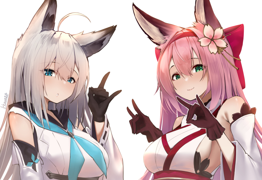 2girls :o ahoge animal_ears aqua_neckerchief armpit_crease artist_name azur_lane bare_shoulders black_gloves black_sailor_collar blue_eyes bow breasts closed_mouth commentary detached_sleeves double_fox_shadow_puppet english_commentary flower_hairpin fox_ears fox_shadow_puppet gloves green_eyes grey_hair hair_between_eyes hair_bow hairband hanazuki_(azur_lane) highres irkawaza japanese_clothes kawakaze_(azur_lane) kimono long_hair looking_at_viewer medium_breasts multiple_girls narrowed_eyes neckerchief obi obijime pink_hair pink_lips red_bow red_gloves red_hairband sailor_collar sash sideboob signature smile upper_body wavy_mouth white_kimono