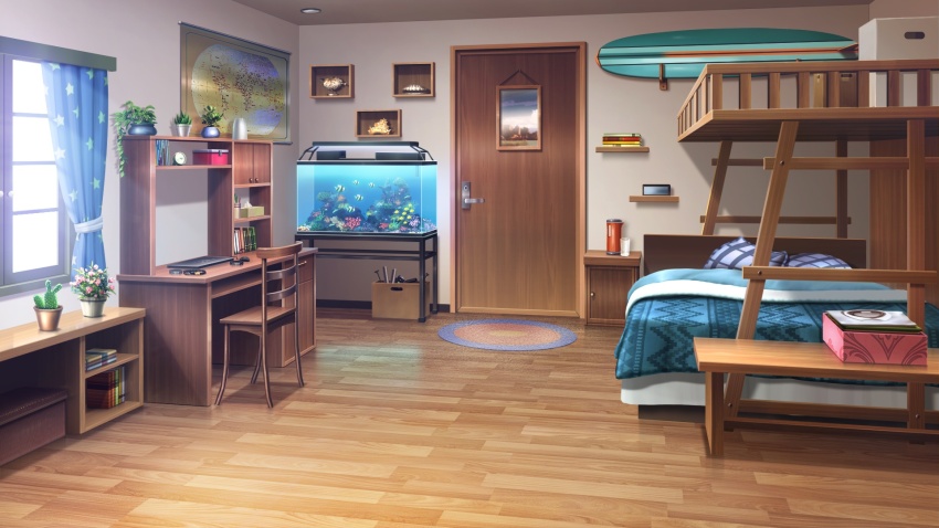 analog_clock apartment aquarium bedroom book box cardboard_box chair clock coffee_maker computer curtains day desk highres indoors laptop map_(object) model_ship no_humans non-web_source official_art our_life:_beginnings_and_always plant potted_plant rug scenery seashell shelf shell surfboard window wooden_chair wooden_door wooden_floor