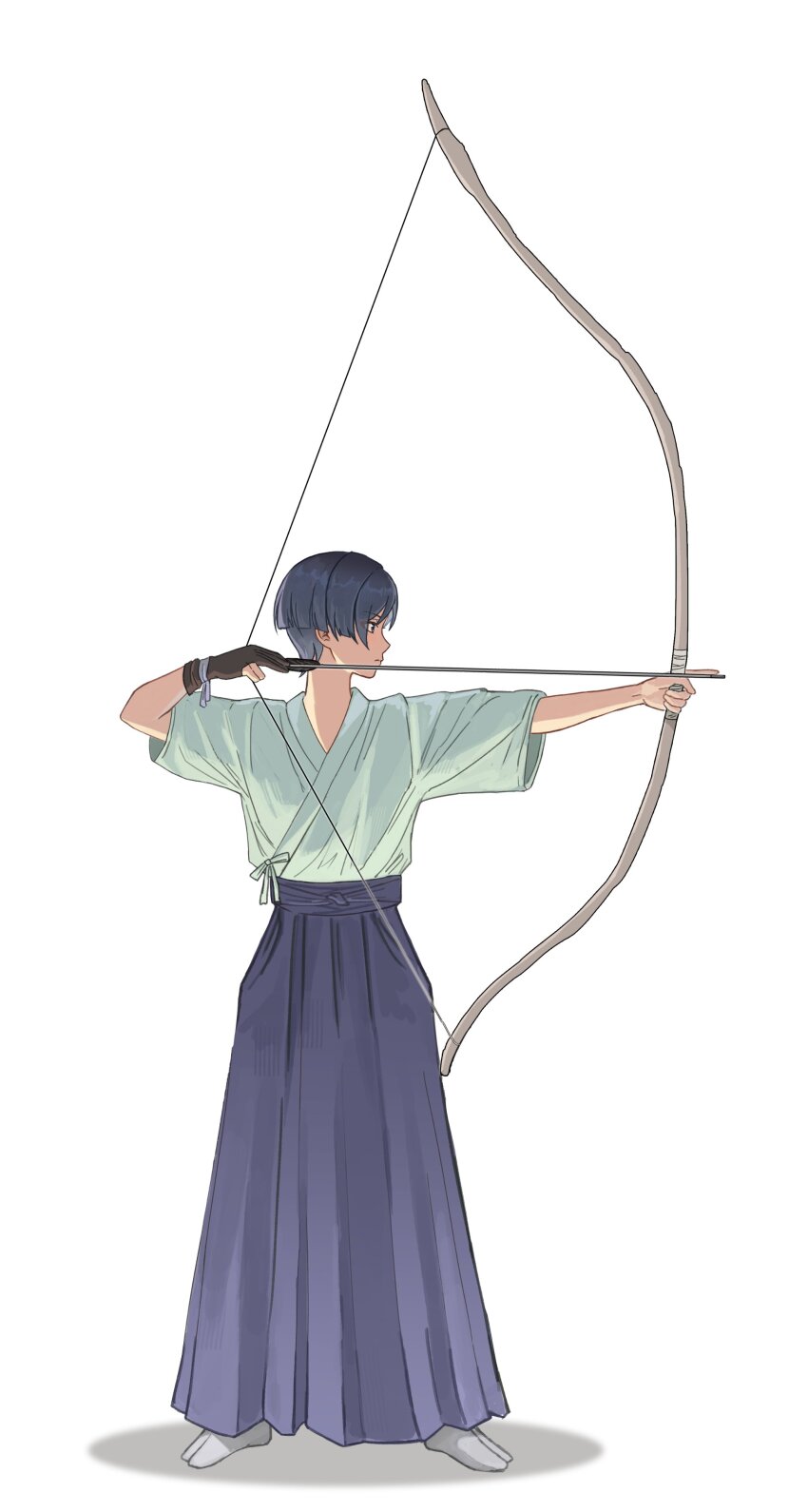 1boy absurdres aiming alternate_costume archery arrow_(projectile) black_eyes black_hair blunt_ends brown_gloves closed_mouth expressionless full_body genshin_impact gloves hakama hakama_pants highres japanese_clothes kimono kyuudou looking_to_the_side male_focus pants partially_fingerless_gloves partly_fingerless_gloves purple_pants scaramouche_(genshin_impact) short_sleeves single_glove solo tabi white_background white_kimono white_sleeves yamu_(yamu_030) yugake yumi_(bow)