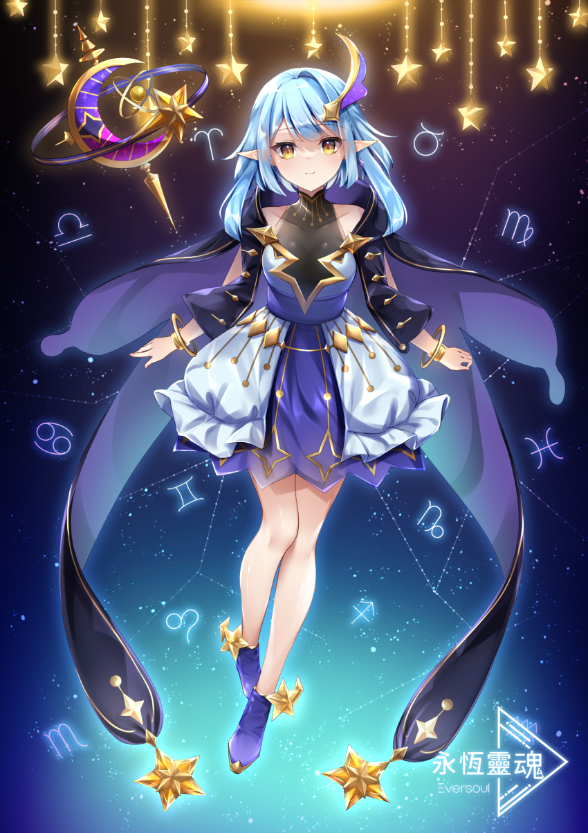 1girl absurdres aries_(symbol) bare_arms bare_legs bare_shoulders blue_cloak blue_dress blue_footwear blue_hair cancer_(symbol) capricorn_(symbol) chinese_commentary chinese_text cloak constellation copyright_name dress eversoul floating frilled_skirt frills full_body gemini_(symbol) gemini_(zodiac) hair_ornament highres hood hooded_cloak jewelry leo_(symbol) leo_(zodiac) libra_(symbol) logo looking_at_viewer night night_sky pisces_(symbol) pointy_ears sagittarius_(symbol) sagittarius_(zodiac) scorpio_(symbol) short_hair skirt sky sleeveless smile solo star_(sky) star_(symbol) starry_sky talia_(eversoul) taurus_(symbol) umou_(may65879) virgo_(symbol) bracelet yellow_eyes zodiac