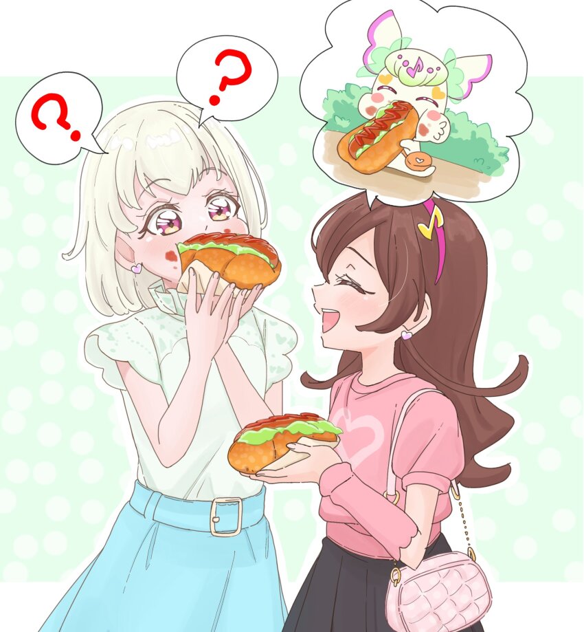 2girls ? akizora_(aki_precure) bag bare_arms belt biting black_skirt blonde_hair blue_skirt blunt_bangs blush bob_cut brown_hair chain dots earrings eating flashback food fortissimo from_side hair_ornament headband heart heart_earrings highres holding holding_food hot_dog jewelry kimi_to_idol_precure long_hair long_skirt long_sleeves multiple_girls musical_note musical_note_hair_ornament parted_bangs pink_bag pink_shirt polka_dot polka_dot_background precure puffy_short_sleeves puffy_sleeves puririn_(human_form) purirun_(precure) red_eyes sakura_uta_(precure) shirt short_sleeves shoulder_bag sideways sideways_face skirt smile talking