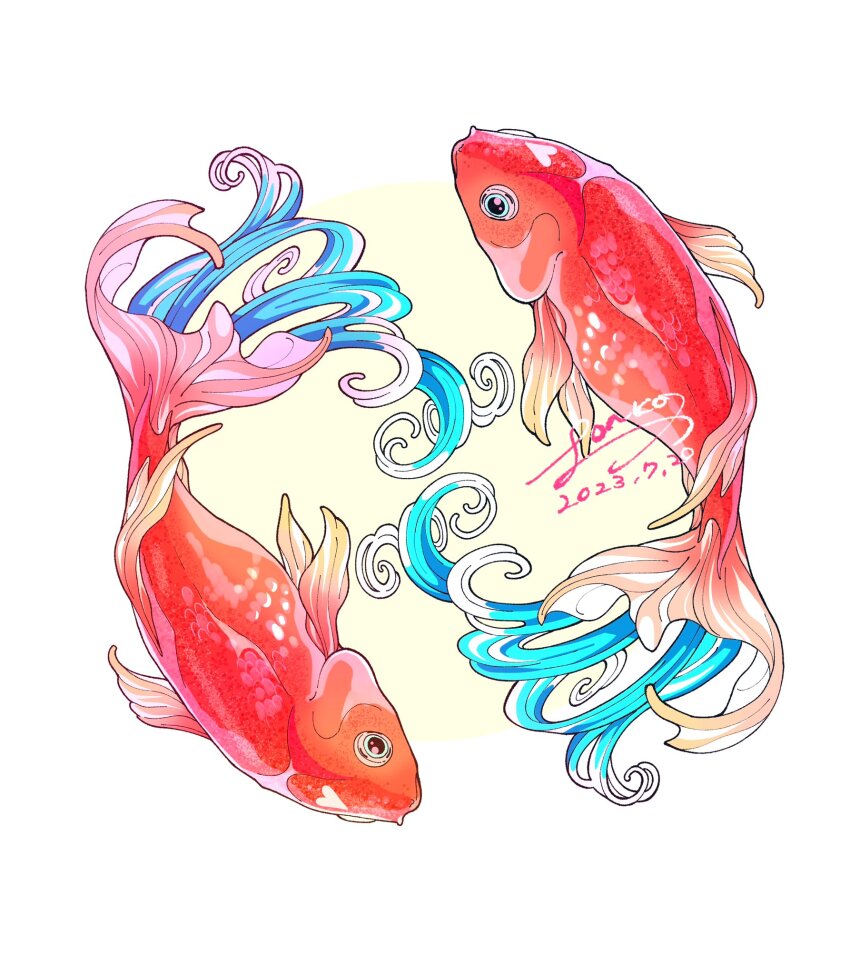 animal_focus commentary_request fish full_body highres koi no_humans original ponko517 signature water waves