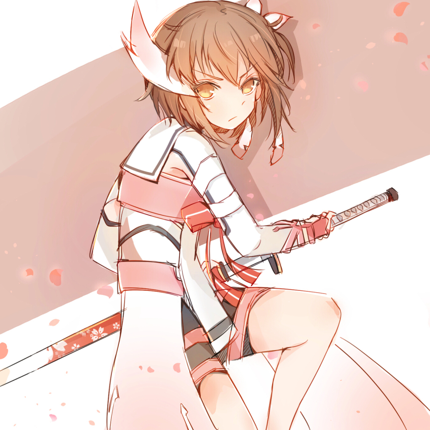 1girl black_shorts brown_hair closed_mouth commentary_request cosplay etou_kanami frown highres holding holding_sword holding_weapon katana lionet0806 looking_at_viewer magical_girl petals sakuramon sheath short_hair shorts solo sword toji_no_miko unsheathing v-shaped_eyebrows weapon yuuki_yuuna yuuki_yuuna_(cosplay) yuuki_yuuna_wa_yuusha_de_aru yuusha_de_aru