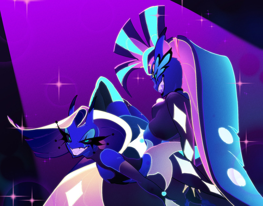 2girls blackkatdraws blue_hair blue_skin colored_skin demon_girl demon_horns evil_grin evil_smile glam_(helluva_boss) glitz_(helluva_boss) grin hellaverse helluva_boss highres horns long_hair looking_at_viewer multiple_girls ponytail sharp_teeth siblings sisters smile sparkle spotlight teeth very_long_hair