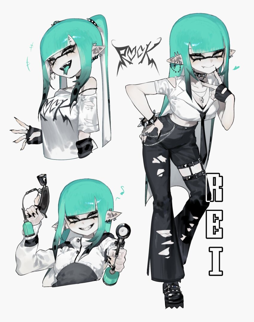 1girl aiming aiming_at_viewer barbell_piercing black_arm_warmers black_boots black_choker black_gloves black_hair black_nails black_necktie black_pants blue_hair blue_tongue blunt_bangs boots bracelet breasts choker cleavage closed_mouth clothes_writing colored_skin colored_tongue commentary_request crop_top cross cross_necklace dual_wielding ear_chain ear_piercing earrings fang fang_out fangs fingerless_gloves forked_tongue gloves gradient_hair grey_eyes grin hand_on_own_hip highres holding holding_weapon hoop_earrings industrial_piercing inkling inkling_girl inkling_player_character jacket jewelry linked_piercing long_hair looking_at_viewer multicolored_hair multiple_earrings multiple_views necklace necktie nintendo open_mouth pants piercing pointy_ears shirt sidelocks single_glove smile spiked_bracelet spiked_choker spikes splat_dualies_(splatoon) splatoon_(series) stud_earrings tentacle_hair togetoge tongue tongue_piercing torn_clothes torn_pants torn_shirt twintails v very_long_hair weapon white_jacket white_shirt white_skin