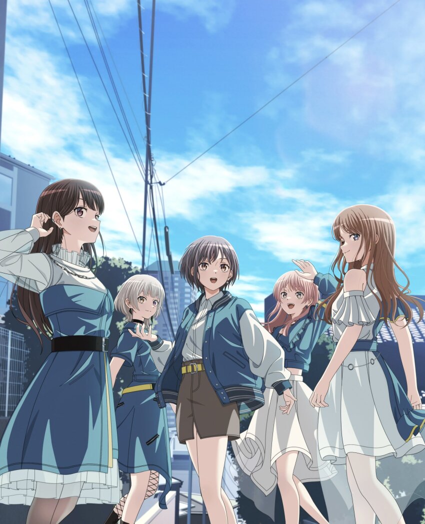 5girls arm_up bang_dream! bang_dream!_it&#039;s_mygo!!!!! belt belt_buckle black_belt black_choker black_footwear blue_belt blue_dress blue_eyes blue_jacket blue_skirt boots brown_eyes brown_hair buckle chihaya_anon choker cityscape closed_mouth clothing_cutout cloud collared_shirt commentary_request cropped_jacket day dress dress_shirt earclip earrings fishnet_thighhighs fishnets frilled_jacket frills grey_eyes grey_hair hair_behind_ear hetero highres jacket jewelry kaname_raana long_hair long_sleeves midriff multiple_girls mygo!!!!!_(bang_dream!) nagasaki_soyo official_art open_clothes open_jacket open_mouth outdoors pink_hair pleated_skirt power_lines purple_eyes see-through_clothes see-through_sleeves shiina_taki shirt short_hair shoulder_cutout sidelocks single_thighhigh skirt sky standing takamatsu_tomori teeth thighhighs tucking_hair upper_teeth_only white_dress white_hair white_shirt white_skirt yasou0049 yellow_belt yellow_eyes
