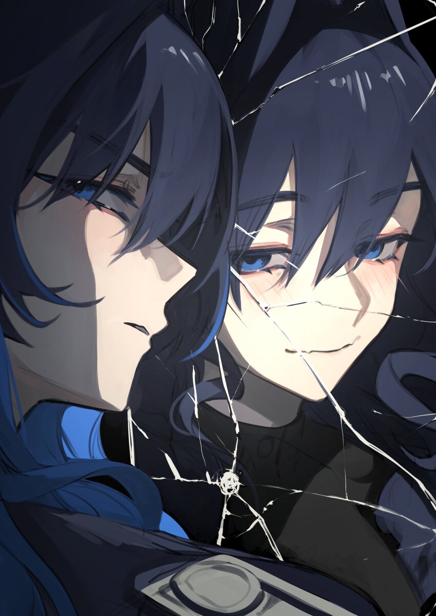 1girl absurdres black_dress black_hair blue_eyes blue_hair broken_mirror closed_mouth different_reflection dress hair_between_eyes highres hololive hololive_english hunk_404 long_hair mirror multicolored_hair ouro_kronii ouro_kronii_(4th_costume) ouro_kronii_(maid) reflection reflection_focus two-tone_hair virtual_youtuber