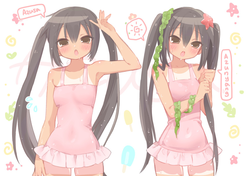 1girl black_hair brown_eyes covered_navel cowboy_shot flat_chest frilled_one-piece_swimsuit frills highres hot k-on! long_hair mipi_(u3u_00) multiple_views nakano_azusa one-piece_swimsuit pink_one-piece_swimsuit seaweed simple_background speech_bubble starfish sweat swimsuit tan tanline twintails wet white_background