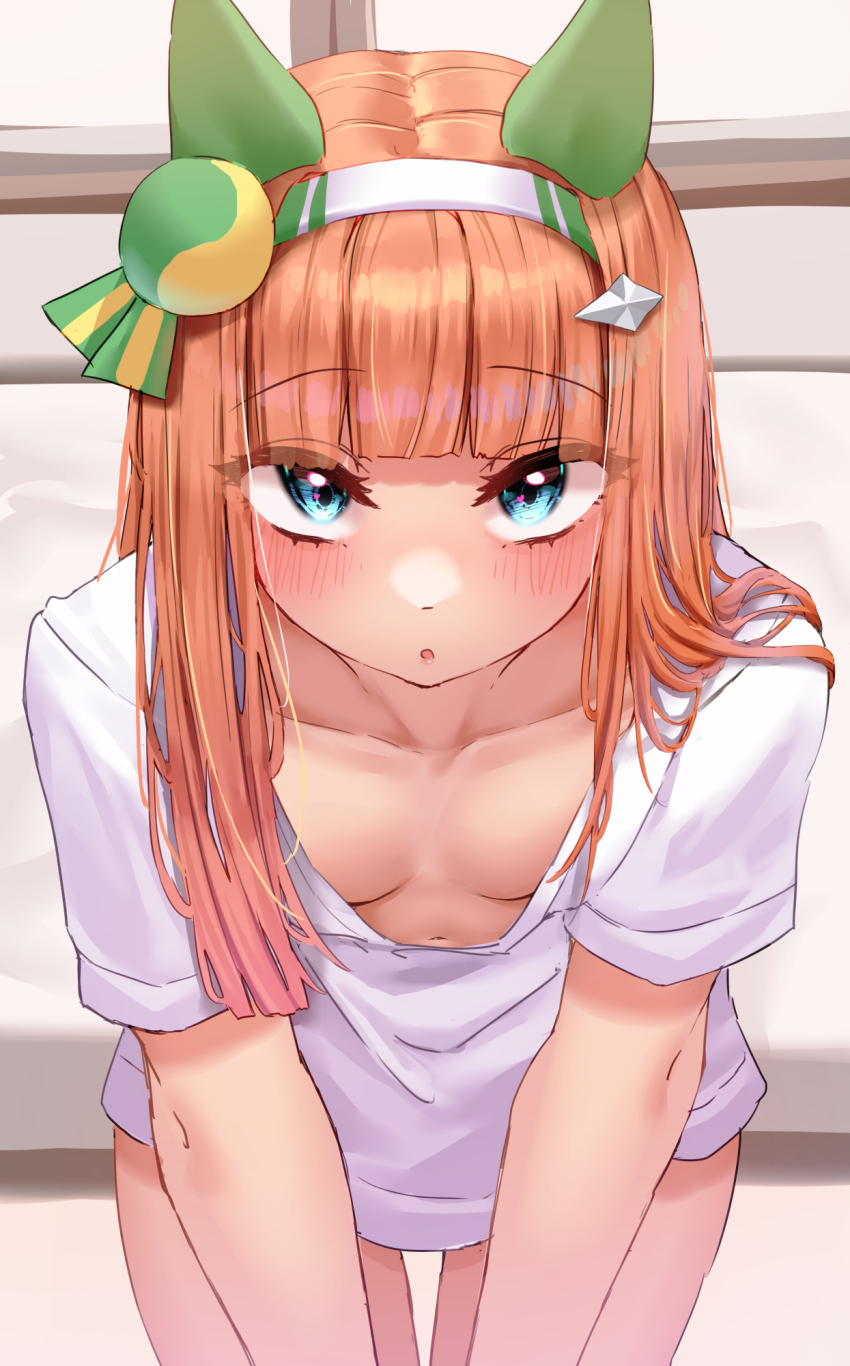 1girl alternate_costume animal_ears bed blue_eyes blunt_bangs blush breasts collarbone commentary_request downblouse ear_covers extended_downblouse hair_ornament headband highres hime_cut horse_ears horse_girl leaning_forward long_hair looking_at_viewer navel no_bra open_mouth orange_hair shirt silence_suzuka_(umamusume) small_breasts solo tabunshake umamusume white_shirt window