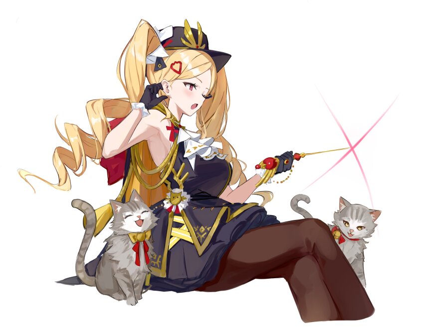 1girl animal_ears armpits ascot bell blonde_hair blue_cape blue_dress blue_gloves blue_hat blush bow bowtie brown_pantyhose cape cat cat_ears cat_tail commentary_request dress drill_hair elbow_gloves fang from_side gloves hair_ornament hair_ribbon hairpin hat highres holding holding_wand jewelry jingle_bell layered_dress long_hair looking_to_the_side one_eye_closed open_mouth opulent_strategist_(shadowverse) pantyhose parted_bangs petticoat red_eyes red_ribbon ribbon ring shadowverse shiro_wa_(shiroshironix) short_dress sketch smug solo tail twin_drills two-sided_cape two-sided_fabric two-tone_dress wand white_ascot white_dress yellow_bow yellow_bowtie yellow_cape
