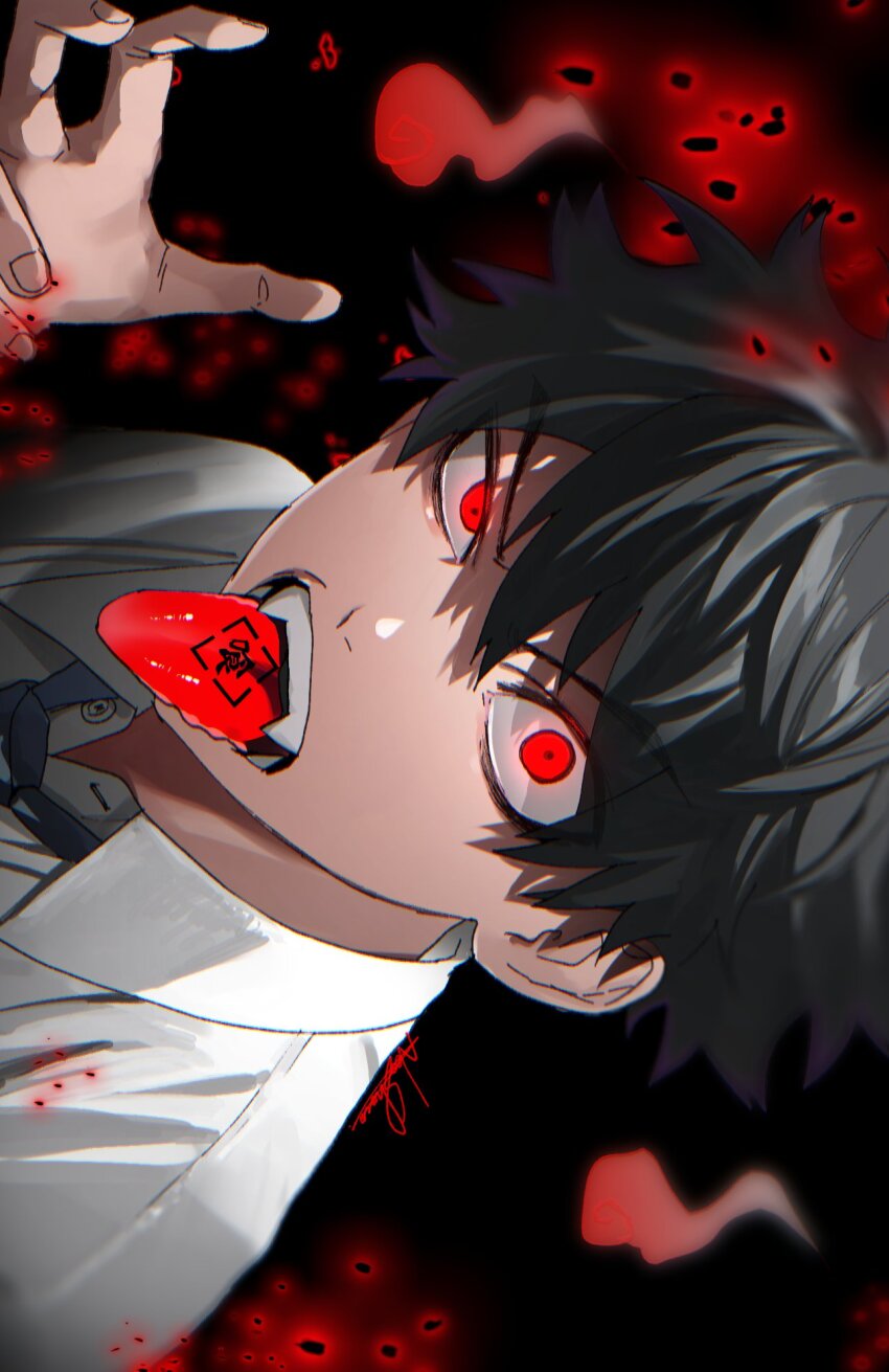 1boy black_background black_hair blue_necktie fangs hair_between_eyes highres looking_at_viewer loose_necktie male_focus mogari_shishikuno necktie neoshoco phantom_busters red_eyes shirt short_hair sideways signature simple_background solo teeth tongue tongue_out tongue_tattoo white_shirt