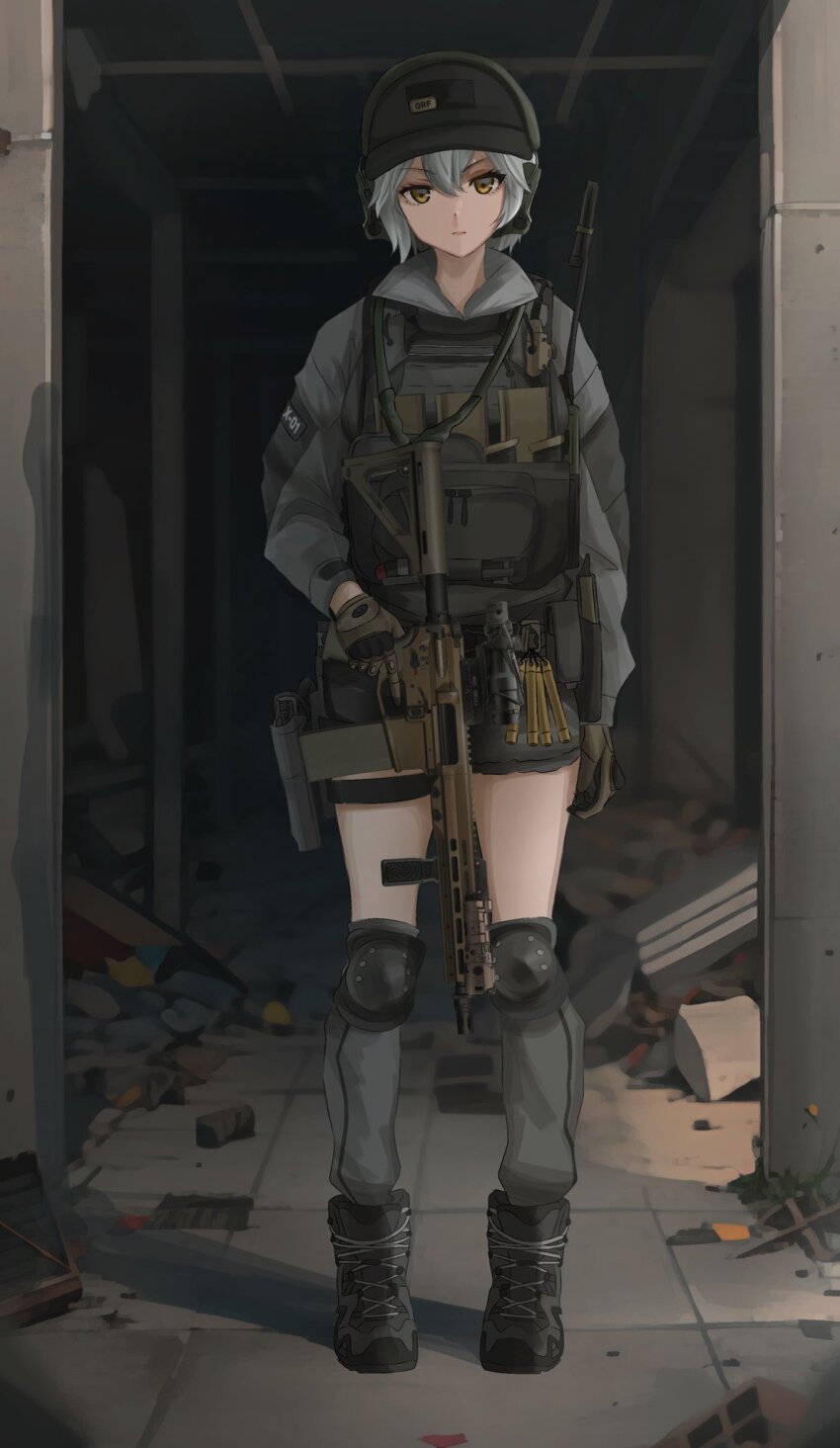 1girl ar-15 assault_rifle baseball_cap black_hat brown_gloves commentary dgkamikaze english_commentary gloves grey_hair gun handgun hat highres holding holding_gun holding_weapon holster indie_virtual_youtuber indoors knee_pads load_bearing_vest long_sleeves pistol rifle ruins second-party_source short_hair solo standing thefumizuki virtual_youtuber weapon weapon_request yellow_eyes