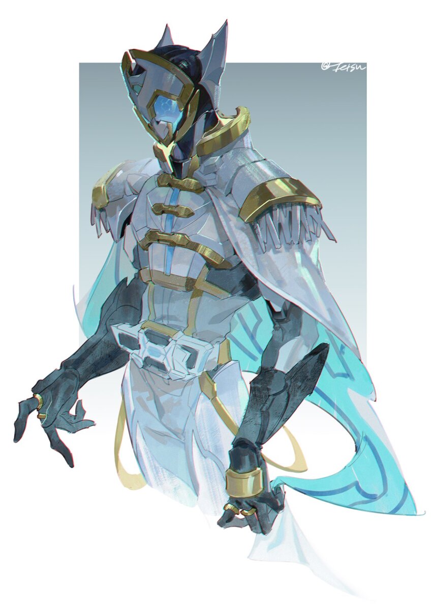 1boy adk-em armor artist_name bandai bandai_namco blue_eyes cape commentary_request full_armor gauntlets glowing glowing_eyes highres ishimori_prod kamen_rider kamen_rider_outsiders kamen_rider_zein male_focus open_hand rider_belt sakurai_yuuto_(kamen_rider_den-o) side_cape solo tetsuuut toei_company toei_tokusatsu_fan_club tokusatsu tv_asahi twitter white_armor zein_(kamen_rider) zein_driver