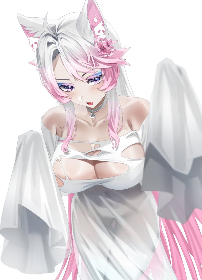 1girl absurdres ahoge animal_ears breasts choker cleavage collarbone commentary english_commentary eyeshadow fang flower ghost_costume hair_flower hair_ornament highres indie_virtual_youtuber large_breasts long_hair makeup official_alternate_hair_color open_mouth pink_flower pink_hair purple_eyes purple_eyeshadow see-through_clothes silvervale skin_fang sleeves_past_fingers sleeves_past_wrists solo thigh_gap torn_clothes trixie_(trixiex33) virtual_youtuber white_background white_choker white_hair wolf_ears wolf_girl