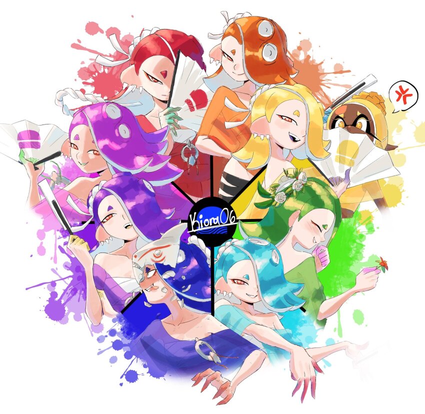 2girls anger_vein artist_name blonde_hair blue_hair cephalopod_eyes chest_sarashi closed_eyes color_wheel_challenge colored_eyelashes commentary dark-skinned_female dark_skin earrings eyelashes eyeshadow folded_fan folding_fan frye_(deep_cut_outfit)_(splatoon) frye_(splatoon) green_hair hachimaki hair_over_one_eye hand_fan headband highres holding holding_fan inkling jewelry kiora06 long_hair makeup mask medium_hair multiple_drawing_challenge multiple_earrings multiple_girls multiple_views nejiri_hachimaki nintendo octoling orange_hair print_folding_fan purple_hair red_eyes red_eyeshadow red_hair red_pupils sarashi shiver_(deep_cut_outfit)_(splatoon) shiver_(splatoon) smile splatoon_(series) splatoon_3 spoken_anger_vein teeth tentacle_hair tongue tongue_out tooth_earrings twitter_username unworn_mask white_background