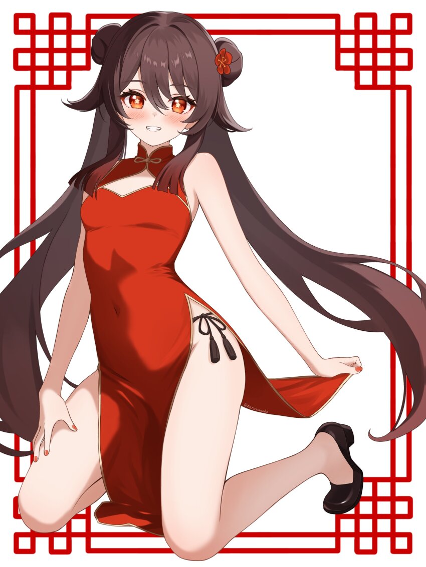 1girl absurdres alternate_costume black_shoes blush breasts brown_hair china_dress chinese_clothes commentary_request double_bun dress fingernails flower-shaped_pupils genshin_impact grin hair_between_eyes hair_bun highres hu_tao_(genshin_impact) kneeling long_hair looking_at_viewer nail_polish narawannko red_dress red_eyes red_nails shoes sleeveless sleeveless_dress small_breasts smile solo symbol-shaped_pupils twintails very_long_hair white_background