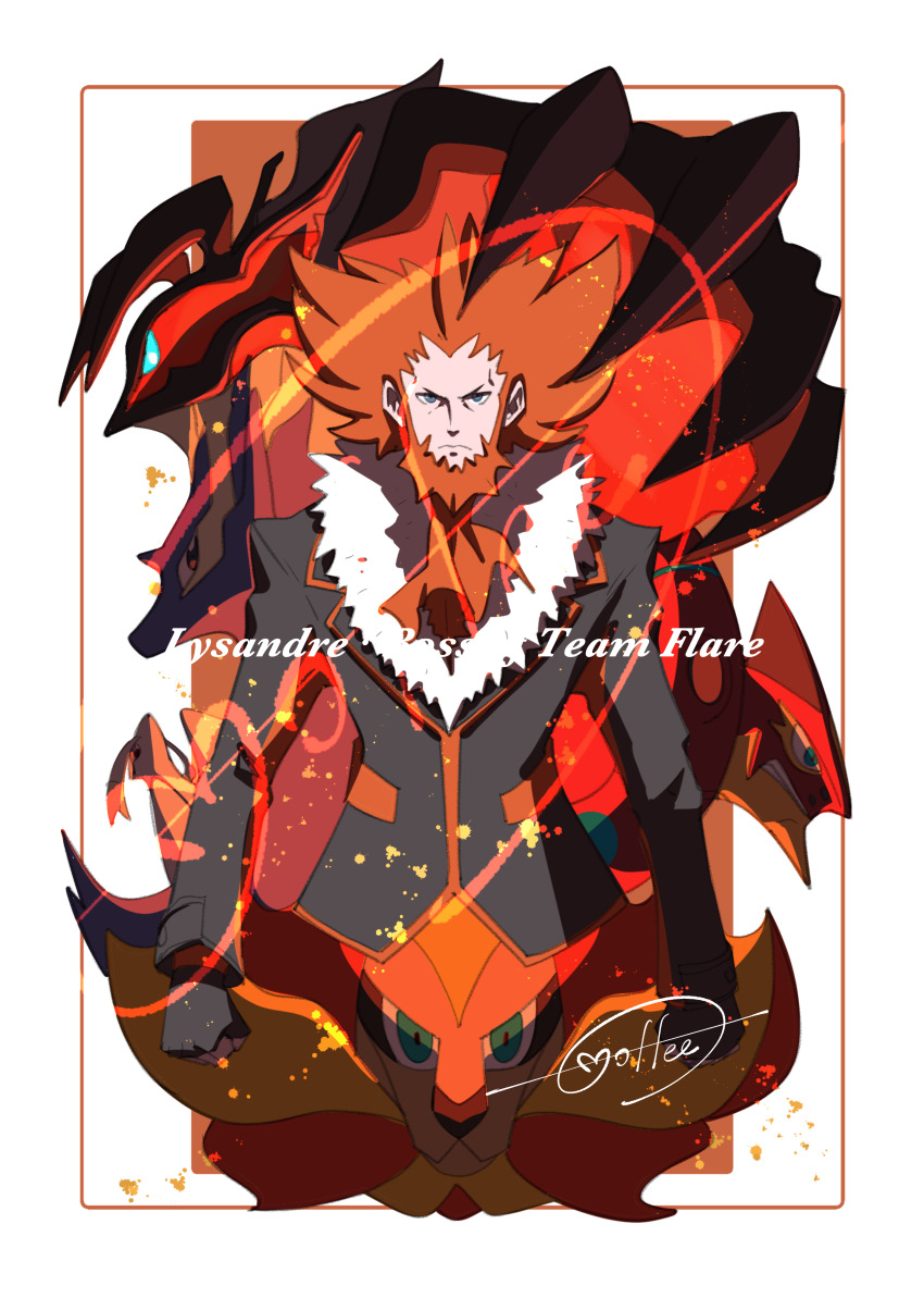 1boy absurdres ascot beard border brown_background cccacademia character_name clenched_hands closed_mouth facial_hair frown gen_5_pokemon gen_6_pokemon gloves highres jacket legendary_pokemon long_sleeves looking_at_viewer lysandre_(pokemon) male_focus mienshao mixed-language_commentary mythical_pokemon nintendo pointy_hair pokemon pokemon_(creature) pokemon_xy pyroar signature team_flare volcanion white_border xerneas yveltal