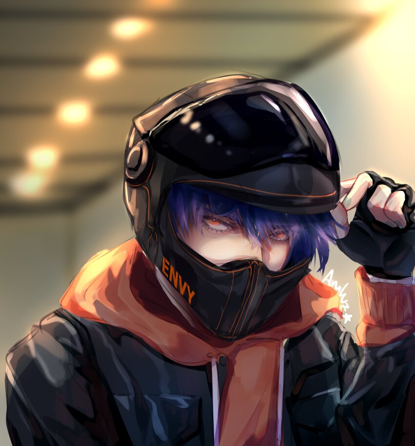 1boy alternate_costume amluzzz blue_hair covered_mouth envy eyelashes fingerless_gloves gloves helmet highres hood hoodie jacket leather leather_jacket leviathan_(obey_me!) looking_at_viewer male_focus motorcycle_helmet nail_polish obey_me!:_one_master_to_rule_them_all! orange_eyes orange_hoodie signature upper_body visor_lift