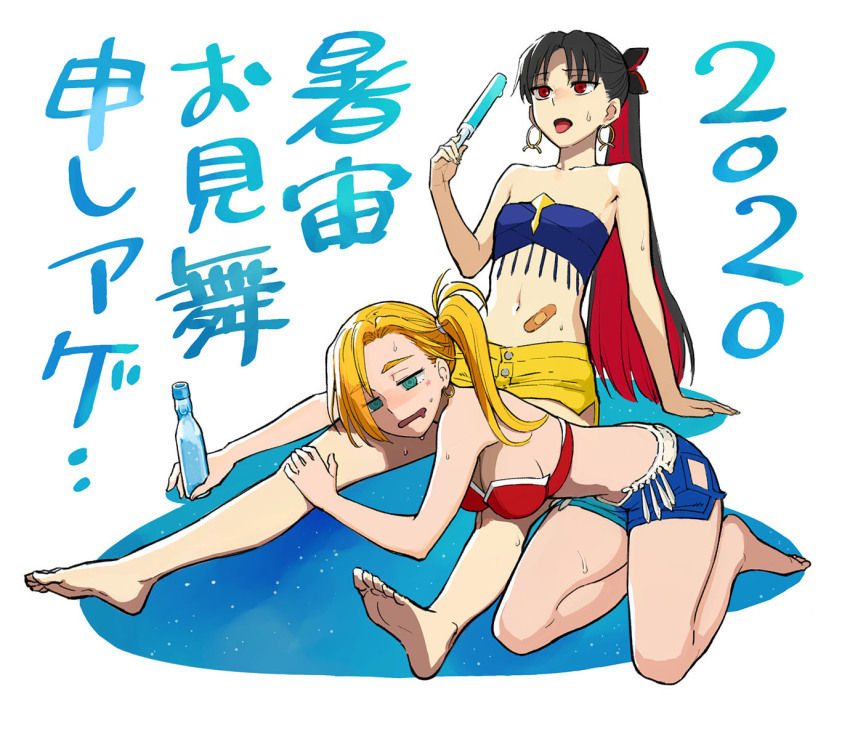 2girls @_@ b_suke bandaid bandeau barefoot bikini black_hair blonde_hair blue_shorts breasts calamity_jane_(fate) calamity_jane_(first_ascension)_(fate) colored_inner_hair earrings fate/grand_order fate_(series) food highres holding holding_food holding_popsicle hot ishtar_(fate) jewelry lying_on_lap medium_breasts multicolored_hair multiple_girls navel ponytail popsicle ramune red_bikini red_hair shorts simple_background sitting space_ishtar_(fate) summer sweat swimsuit two-tone_hair white_background yellow_shorts